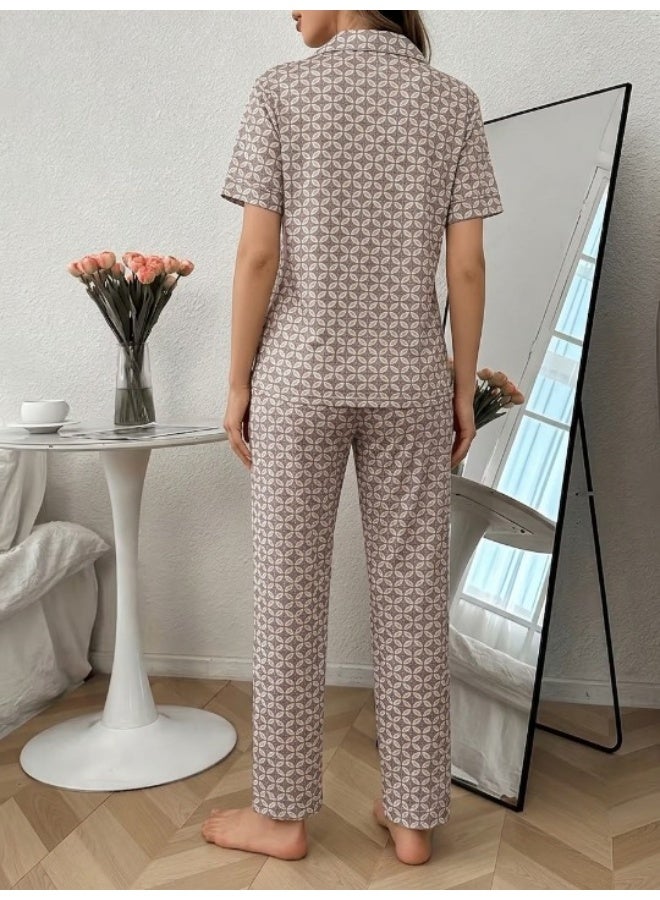 Women's cotton two-piece pajama set (short-sleeved button-up top and long pants) - comfortable casual sleepwear for home - Image 4