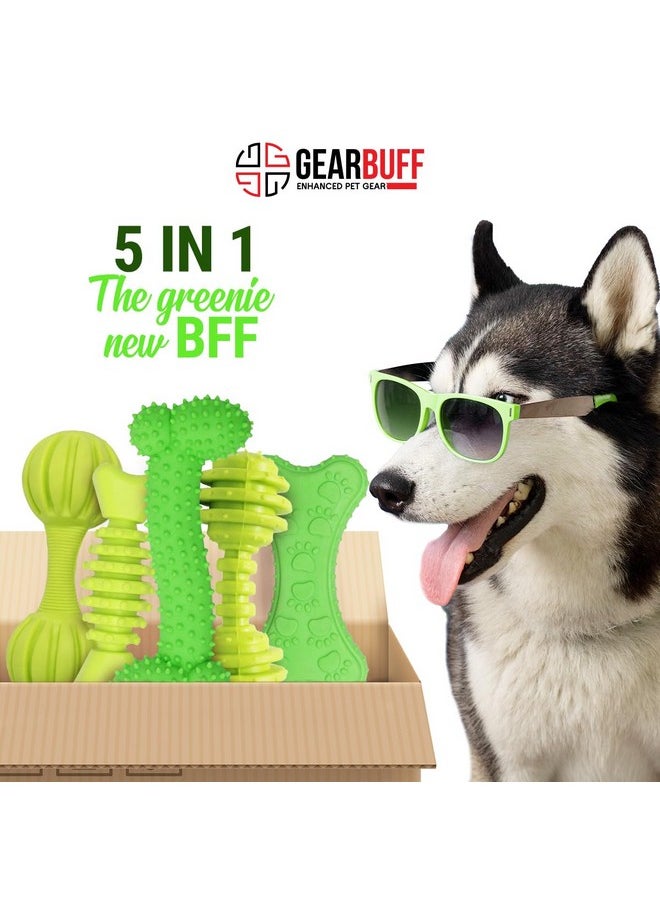 Chew Toys 5 In 1 | Tuffy Bone, Spiral Dumbbells, Spiky Curved Flat Bone, Paw Printed Flat Bone, Twirled Bone| Chew Toys For Dogs | Green