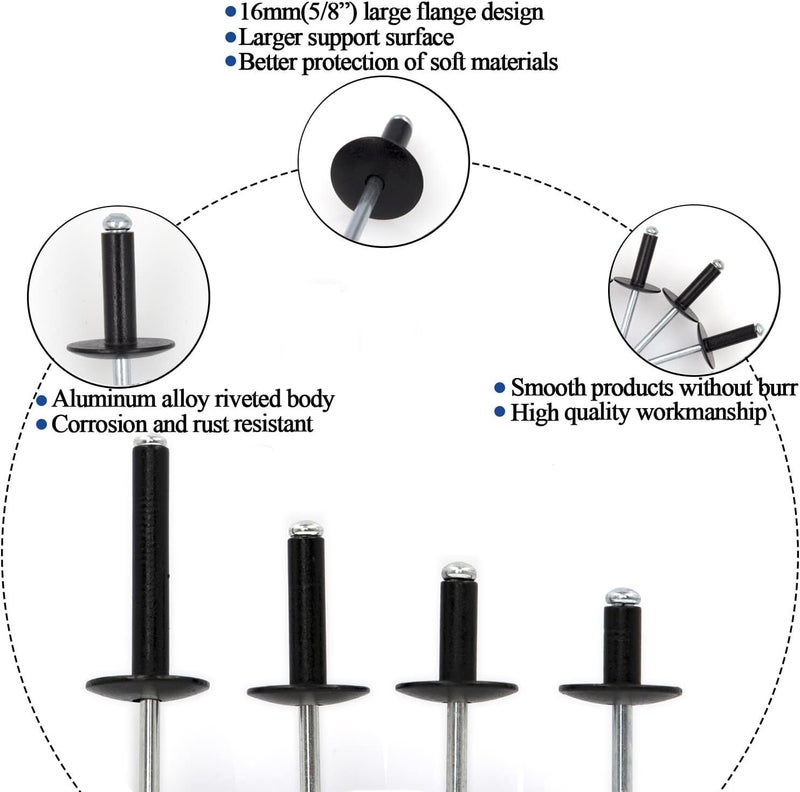 ALLOYPRO 50pcs Black Large flange blind rivets, Aluminum,Flange Diameter 5/8" (16 mm),Pop Rivets Assortment Kit Blind Rivet,3/16" x 1" Inch,grip range(15-20mm) - Image 2