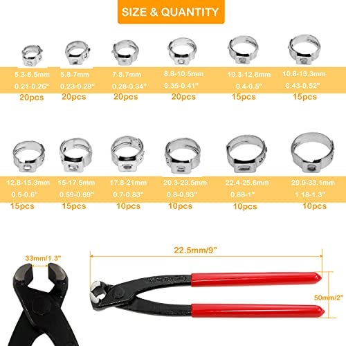 AKIHISA 180 PCS Single Ear Hose Clamps, 12 Sizes 5.3-33.1mm Crimp Hose Clamps with Ear Clamps Pincer, 304 Stainless Steel Crimp Pinch Fitting Tools Kit - Image 2