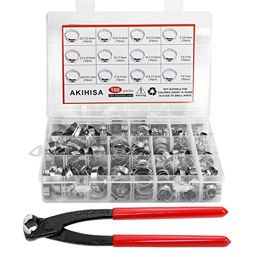 AKIHISA 180 PCS Single Ear Hose Clamps, 12 Sizes 5.3-33.1mm Crimp Hose Clamps with Ear Clamps Pincer, 304 Stainless Steel Crimp Pinch Fitting Tools Kit - Image 1