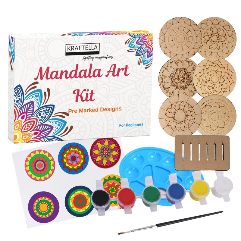 KRAFTELLA Mandala Art Kit|Craft Materials for Mandala Art Painting Kit for Kids|Gifts for Girls Age 10-12|Gifts for Teenage Girls|Craft Kit of Pack of 6 Coasters with Colour Kit - Brown - Image 1