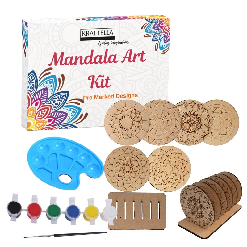 KRAFTELLA Mandala Art Kit|Craft Materials for Mandala Art Painting Kit for Kids|Gifts for Girls Age 10-12|Gifts for Teenage Girls|Craft Kit of Pack of 6 Coasters with Colour Kit - Brown - Image 2