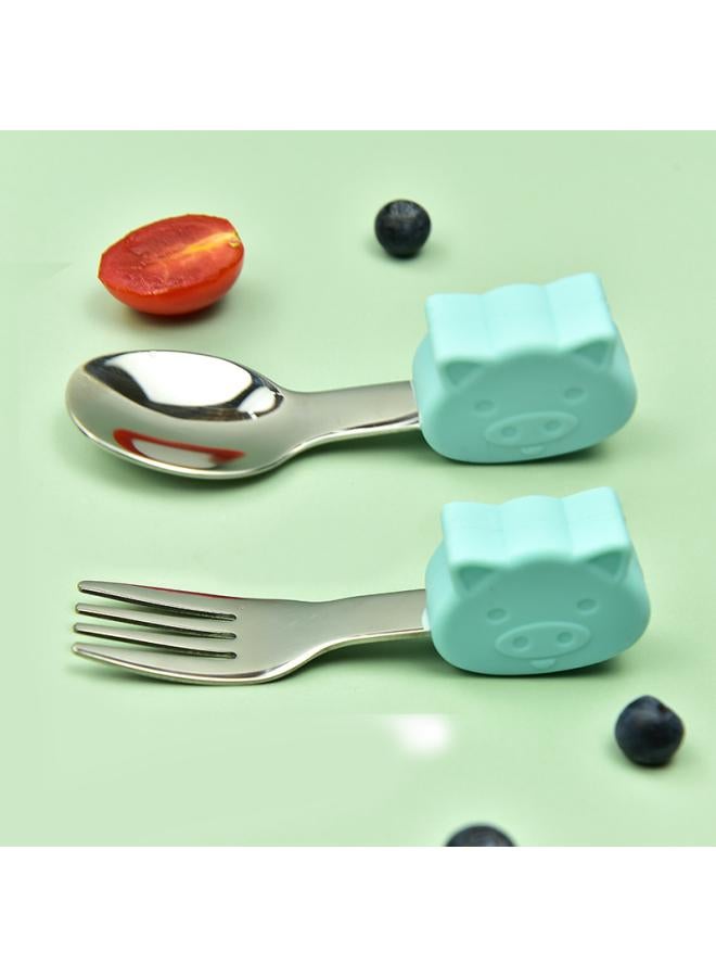 Hippo Baby Baby Learning To Eat Training Fork Spoon Short Handle Stainless Steel Tableware Children's Silicone Complementary Food Complementary Food Fork Spoon 