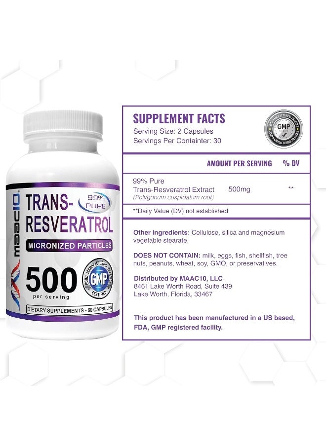 MAAC10 Formulas MAAC10 Formulas 99% Pure Trans Resveratrol 500mg (Micronized Resveratrol, 60 Count 250mg Capsules, 2 per Serving) Sirtuin Activator & NAD Boosting Supplement  - Image 4