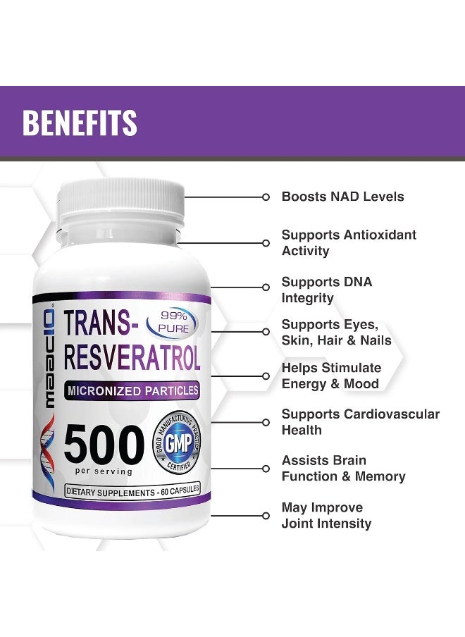 MAAC10 Formulas MAAC10 Formulas 99% Pure Trans Resveratrol 500mg (Micronized Resveratrol, 60 Count 250mg Capsules, 2 per Serving) Sirtuin Activator & NAD Boosting Supplement  - Image 2