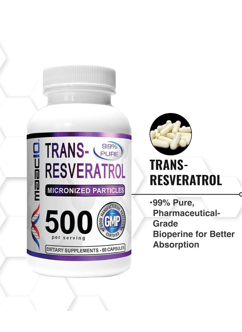 MAAC10 Formulas - Trans Resveratrol 500Mg Supplement Micronized Pharmaceutical Grade 99% Pure Transresveratrol Extract + Bioperine For Superior Absorption 2X 250Mg Capsules 60Ct - Image 1