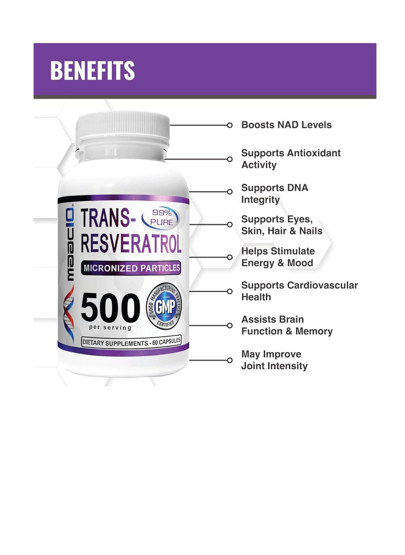 MAAC10 Formulas - Trans Resveratrol 500Mg Supplement Micronized Pharmaceutical Grade 99% Pure Transresveratrol Extract + Bioperine For Superior Absorption 2X 250Mg Capsules 60Ct - Image 1