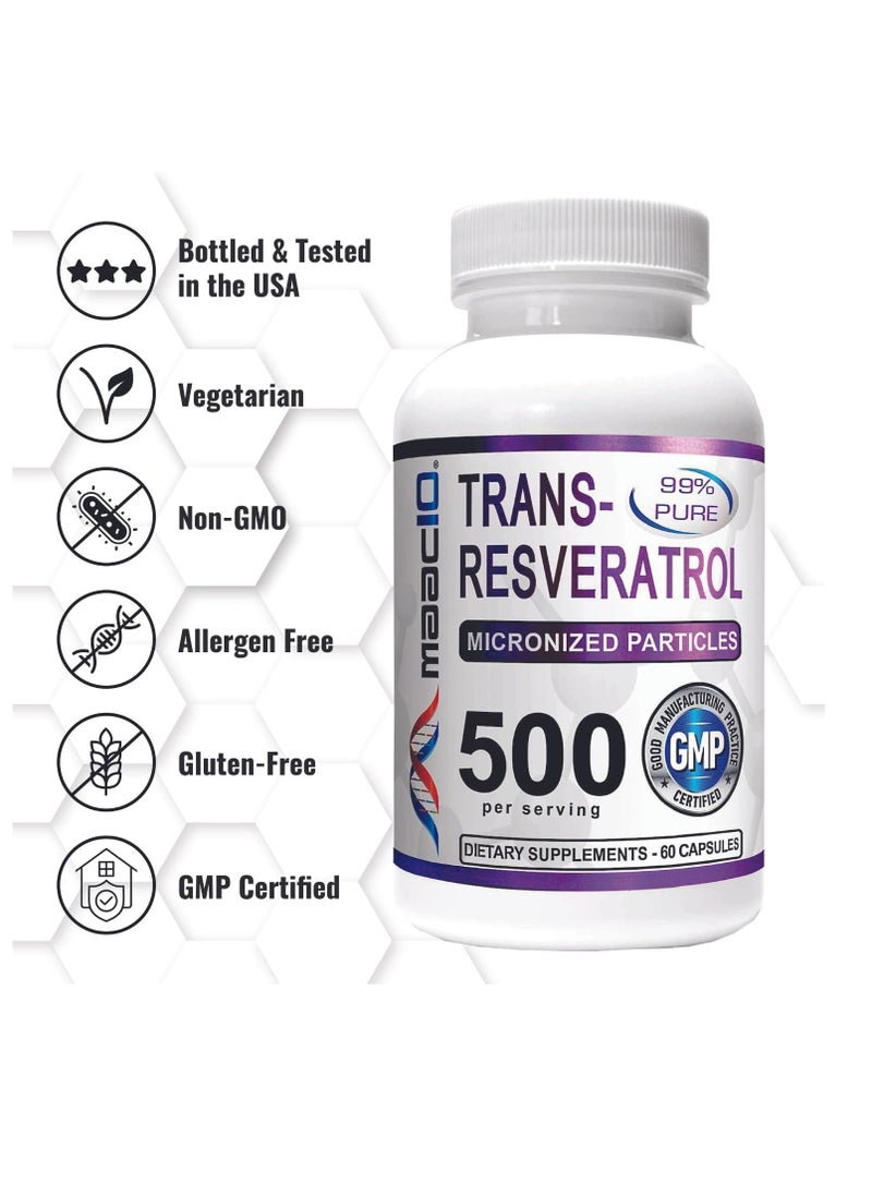 MAAC10 Formulas - Trans Resveratrol 500Mg Supplement Micronized Pharmaceutical Grade 99% Pure Transresveratrol Extract + Bioperine For Superior Absorption 2X 250Mg Capsules 60Ct - Image 1