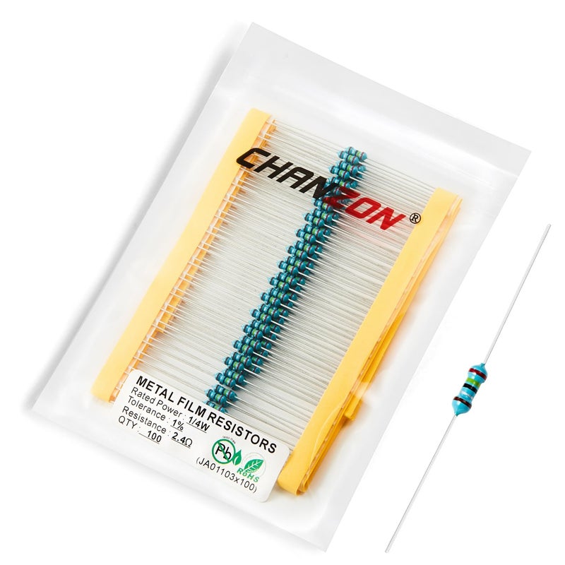 CHANZON 100pcs 1/4W (0.25W)2.4Ω ohm Metal Film Fixed Resistor 0.01 ±1% Tolerance 2.4 R MF Through Hole Resistors Current Limiting Rohs Certificated - Image 1