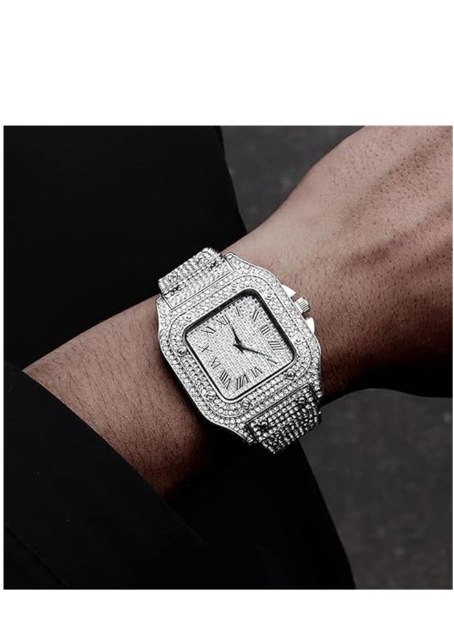 Diamond Watch Square Dial diamond-set steel band Roman scale fashion quartz watch Wristband Analog Wrist Watch for Men Women - Image 3