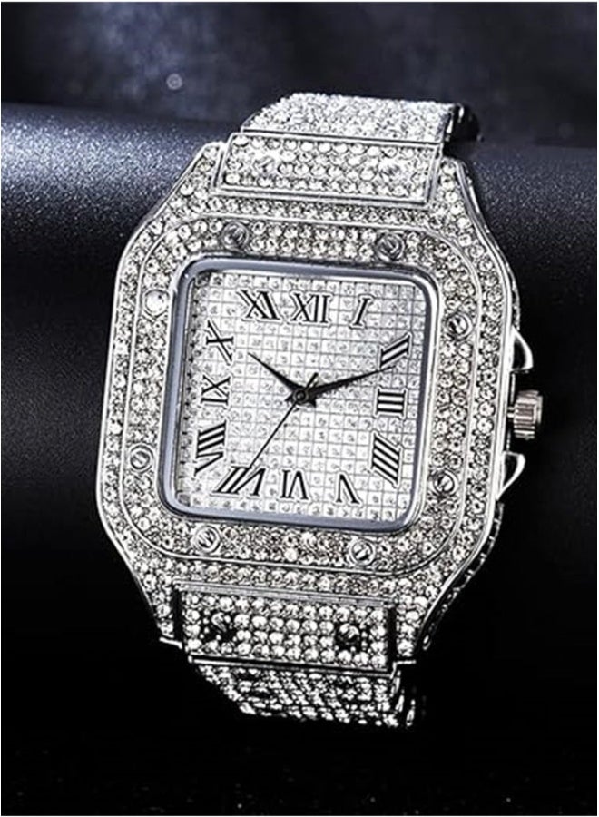 Diamond Watch Square Dial diamond-set steel band Roman scale fashion quartz watch Wristband Analog Wrist Watch for Men Women - Image 2