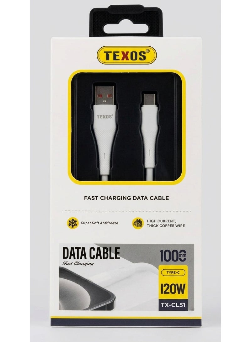 تيكسو كابل شحن سريع TEXOS بقوة 120 واط من USB-A إلى Type-C - كابل بيانات مضفر متين مع موصلات معززة للهواتف الذكية والأجهزة اللوحية وأجهزة Android (1 متر) - Image 1
