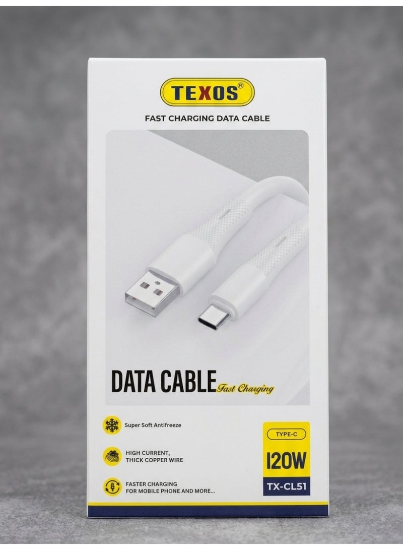 تيكسو كابل شحن سريع TEXOS بقوة 120 واط من USB-A إلى Type-C - كابل بيانات مضفر متين مع موصلات معززة للهواتف الذكية والأجهزة اللوحية وأجهزة Android (1 متر) - Image 2