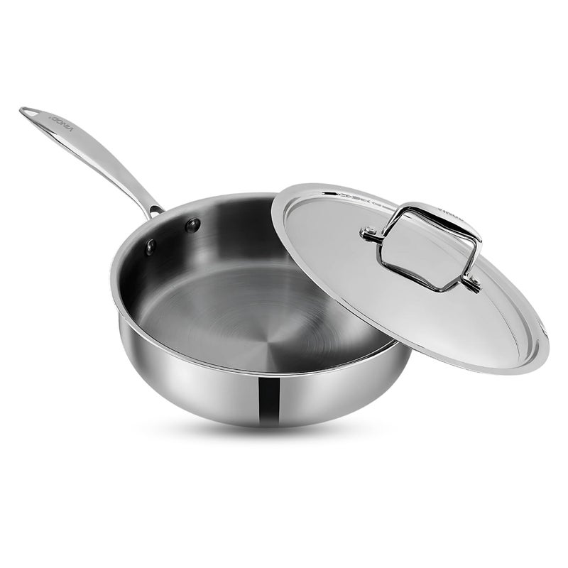 VINOD Vinod Platinum Triply Stainless Steel Sautepan with Lid 26 Litre 24 cm for CurryStirFryDeepFrySautRoast Induction and Gas Base 5 Year Warranty Silver - Image 1