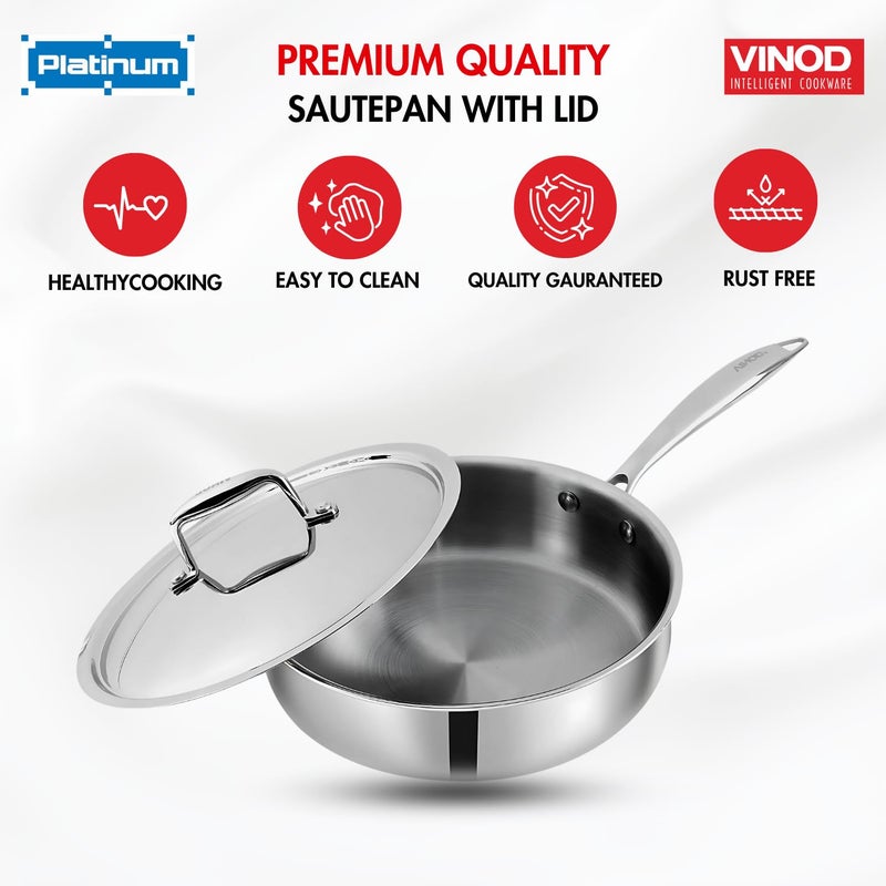 VINOD Vinod Platinum Triply Stainless Steel Sautepan with Lid 26 Litre 24 cm for CurryStirFryDeepFrySautRoast Induction and Gas Base 5 Year Warranty Silver - Image 5