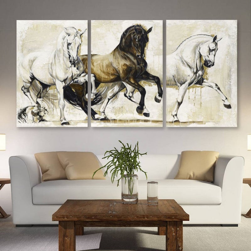 Marktna Three canvas paintings with a horse design and a hollow frame, measuring (150×70), three pieces - Image 1