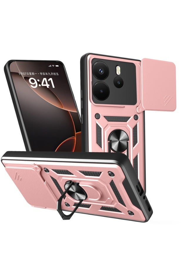 Shunjia Sliding Window Case, Shockproof Rugged Armor with Sliding Camera Cover & 360° Ring Kickstand, Compatible with Xiaomi Redmi Note 14 (Rose Gold)