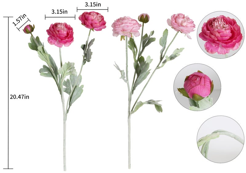 IPOPU Fake Peonies Artificial Ranunculus Flowers 6pcs 18Heads Pink Flowers Combo Hot Pink Silk Flowers 20.47" Artificial Flowers Bulk for Faux Floral Arrangements Home Table Decor (Multi-Pink) - Image 3