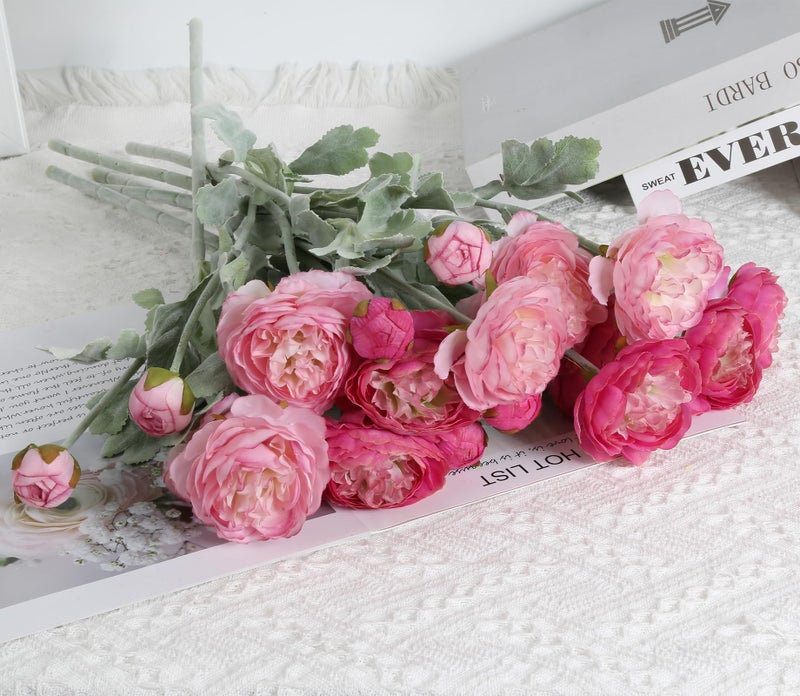IPOPU Fake Peonies Artificial Ranunculus Flowers 6pcs 18Heads Pink Flowers Combo Hot Pink Silk Flowers 20.47" Artificial Flowers Bulk for Faux Floral Arrangements Home Table Decor (Multi-Pink) - Image 2