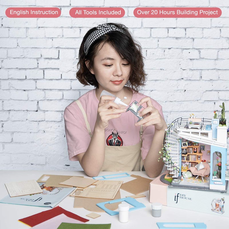 ROBOTIME DIY Miniature Dollhouse Kit - 1:24 Scale Miniature House Kit with LED Light - Tiny House Kit with Furniture Best Birthday for Women and Men - Image 4