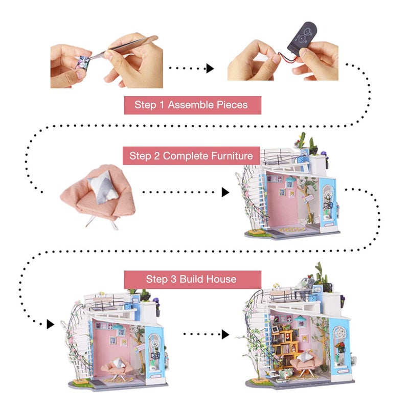 ROBOTIME DIY Miniature Dollhouse Kit - 1:24 Scale Miniature House Kit with LED Light - Tiny House Kit with Furniture Best Birthday for Women and Men - Image 3