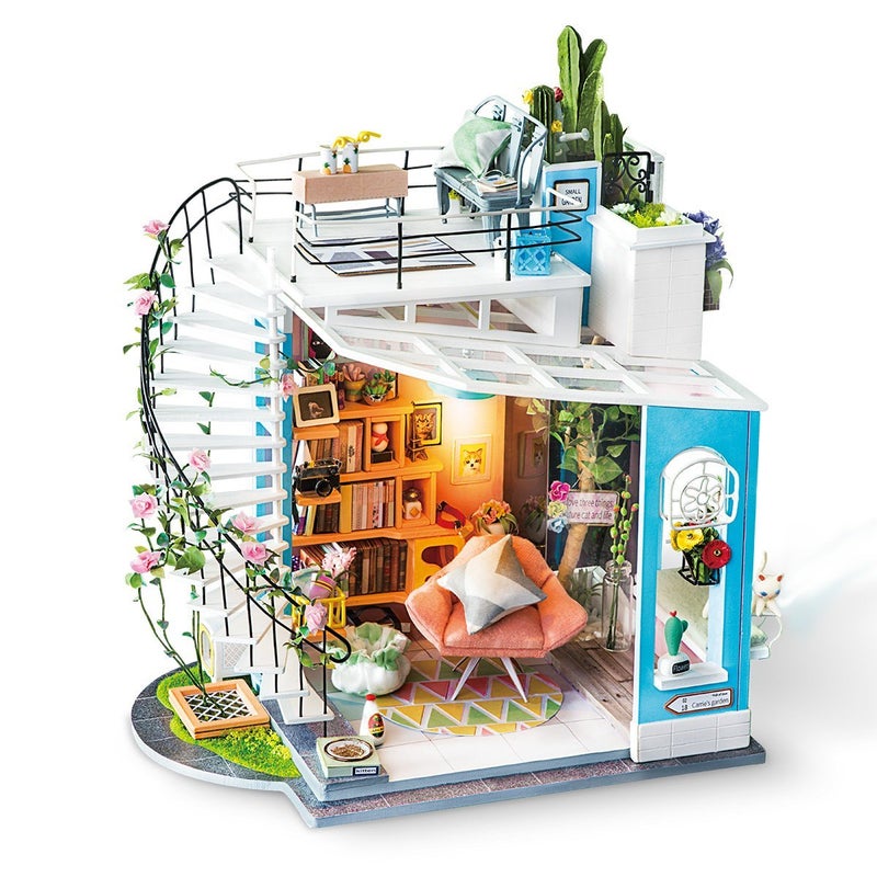 ROBOTIME DIY Miniature Dollhouse Kit - 1:24 Scale Miniature House Kit with LED Light - Tiny House Kit with Furniture Best Birthday for Women and Men - Image 1