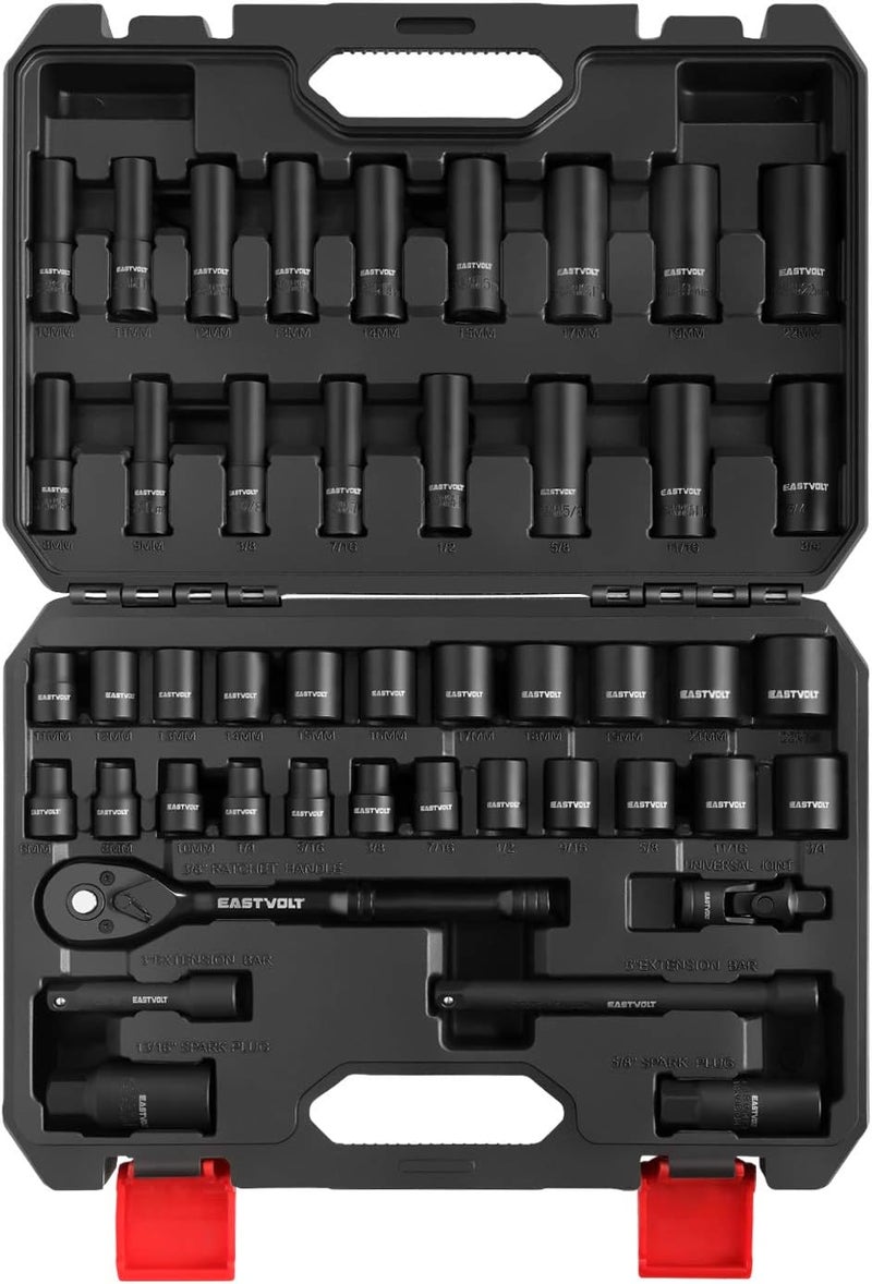 Eastvolt Mechanic Tool Kits, Drive Socket Set, 46 Pieces, with 72 Teeth Reversible Ratchet, Metric/SAE (ASK06) - Image 2
