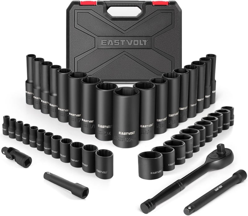 Eastvolt Mechanic Tool Kits, Drive Socket Set, 46 Pieces, with 72 Teeth Reversible Ratchet, Metric/SAE (ASK06) - Image 1