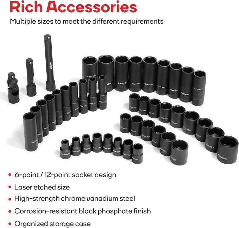 Eastvolt Mechanic Tool Kits, Drive Socket Set, 46 Pieces, with 72 Teeth Reversible Ratchet, Metric/SAE (ASK06) - Image 3