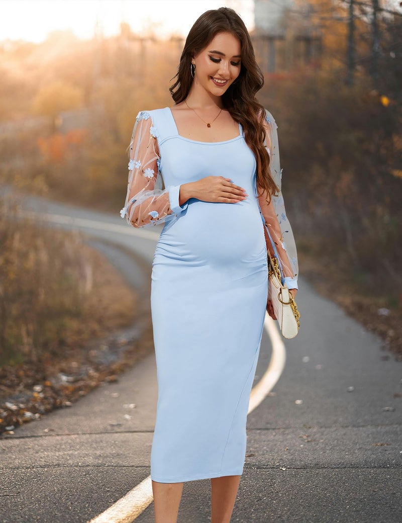 LAHILO Floral Mesh Bishop Long Sleeve Maternity Midi Dress, Fall Maternity Bodycon Dress for Baby Shower Bright Blue - Image 4