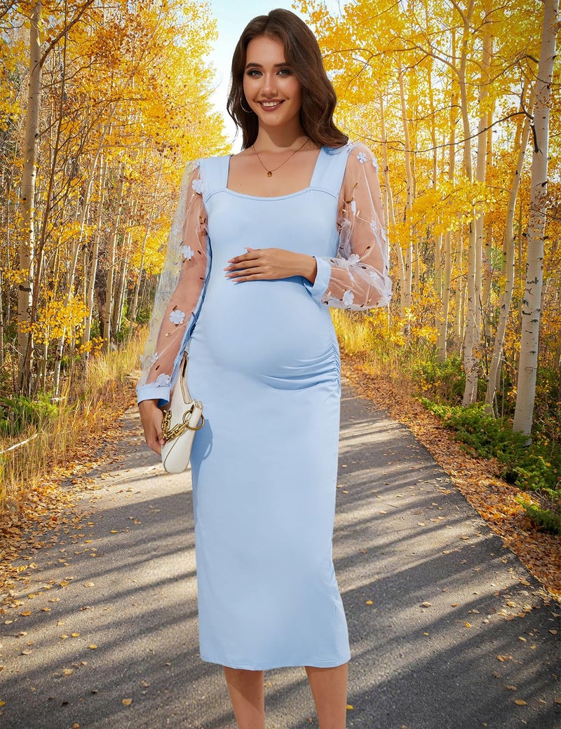 LAHILO Floral Mesh Bishop Long Sleeve Maternity Midi Dress, Fall Maternity Bodycon Dress for Baby Shower Bright Blue - Image 3