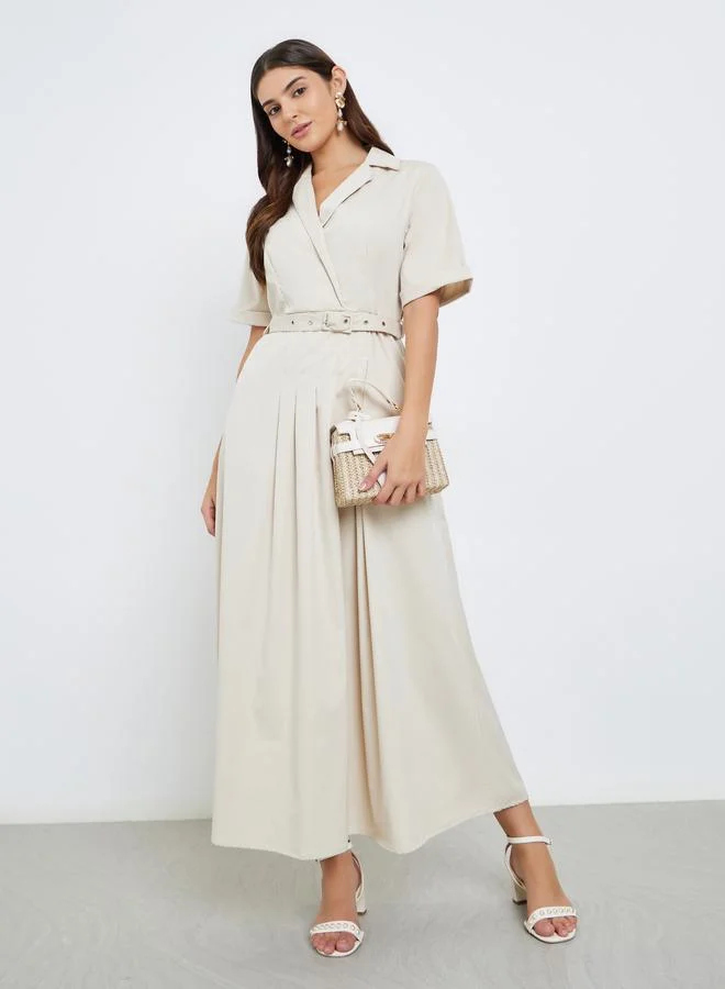 Styli Notch Lapel Belted A-Line Maxi Dress