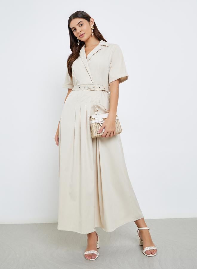 Styli Notch Lapel Belted A-Line Maxi Dress - Image 1