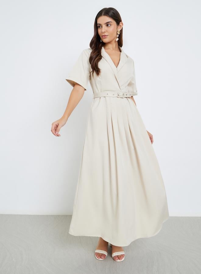 Styli Notch Lapel Belted A-Line Maxi Dress - Image 2