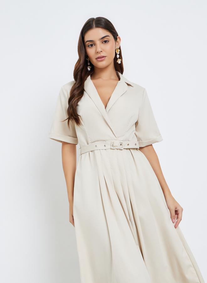 Styli Notch Lapel Belted A-Line Maxi Dress - Image 3