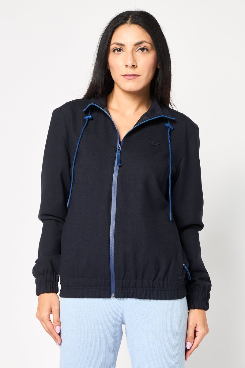 LACOSTE Women Spread Collar Brand Logo Bomber jacket, Navy - Image 1