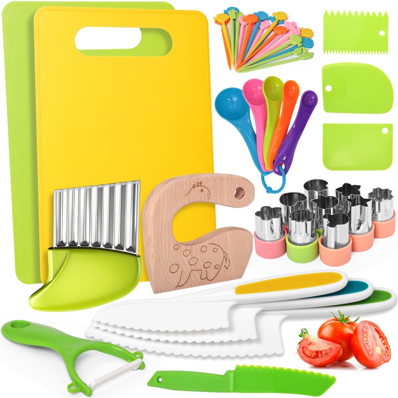 Reaeon 46 PCS Kids Knife Set Toddler Knifes for Real Cooking Montessori Kitchen Toys with Cutting Board Crinkle Cutters Kid Safe Knives Birthday Xmas Gift for Girls Boys - Image 3
