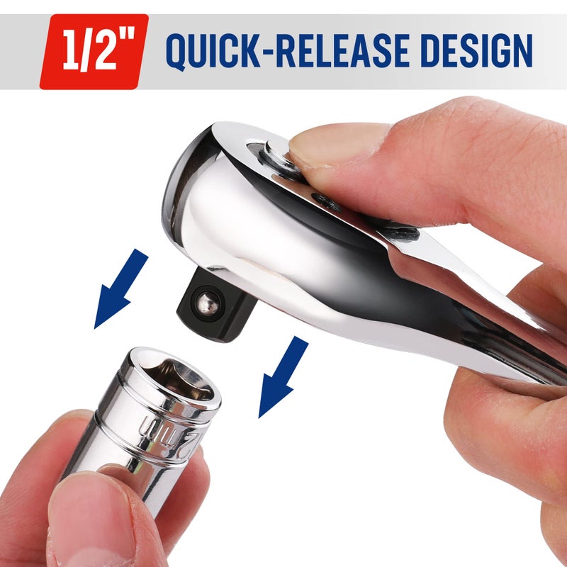 Workpro 1/2-Inch Drive Ratchet Wrench 72-Tooth Reversible Ratchet Quick-Release 1/2 Drive Ratchet Handle Cr-Mo Head Chrome Plated Finish - Image 4
