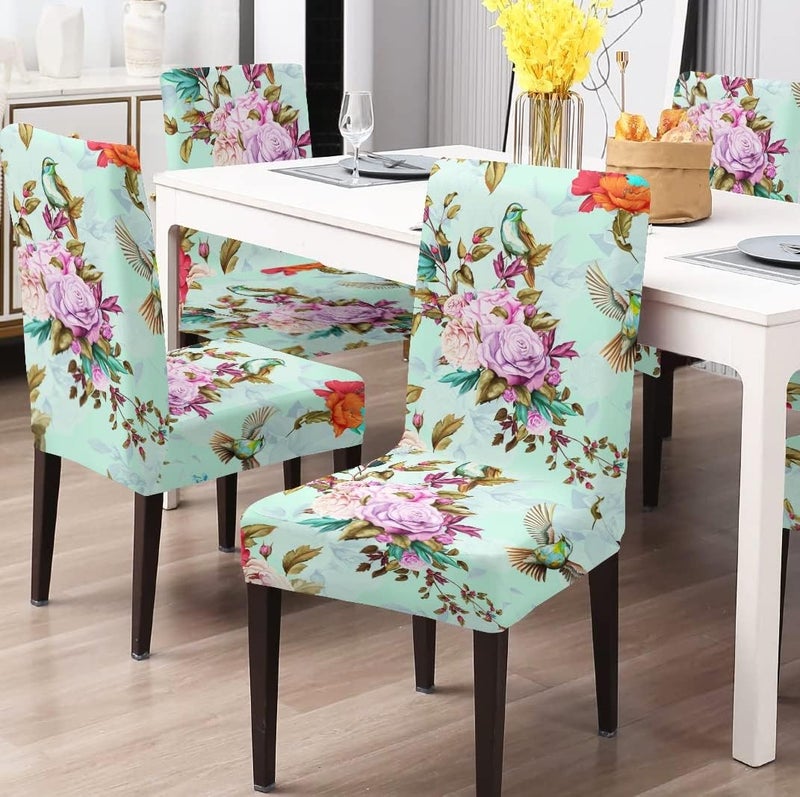 BRIDA® Stretchable Floral Geometric Printed Dining Chair Covers Set of 4 Seater Elastic Chair Seat Case Protector, Slipcovers (Sea Green Flowers), Polyester;Polyester Blend - Image 2