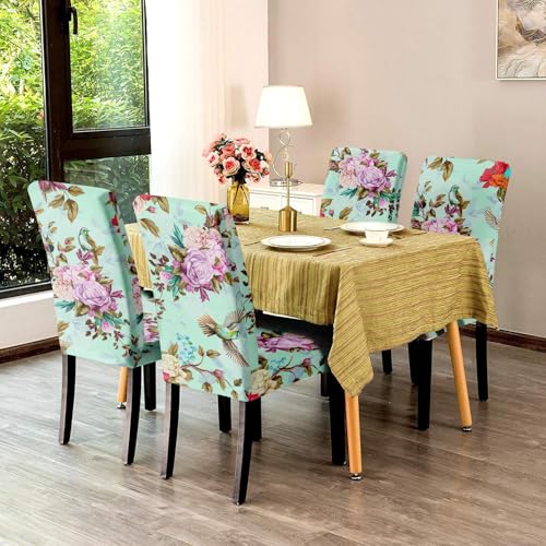 BRIDA® Stretchable Floral Geometric Printed Dining Chair Covers Set of 4 Seater Elastic Chair Seat Case Protector, Slipcovers (Sea Green Flowers), Polyester;Polyester Blend - Image 3