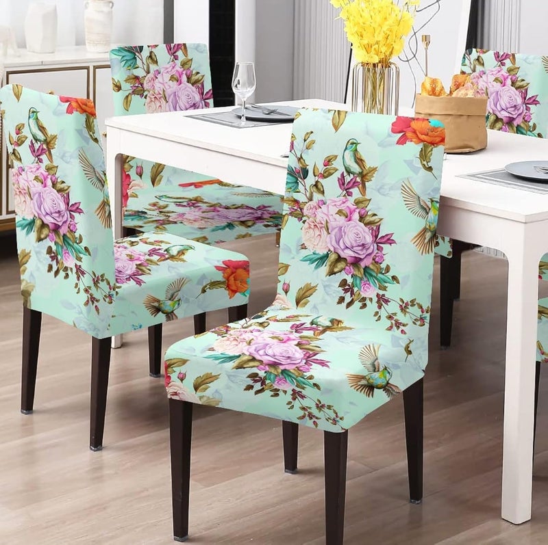 BRIDA® Stretchable Floral Geometric Printed Dining Chair Covers Set of 4 Seater Elastic Chair Seat Case Protector, Slipcovers (Sea Green Flowers), Polyester;Polyester Blend - Image 1