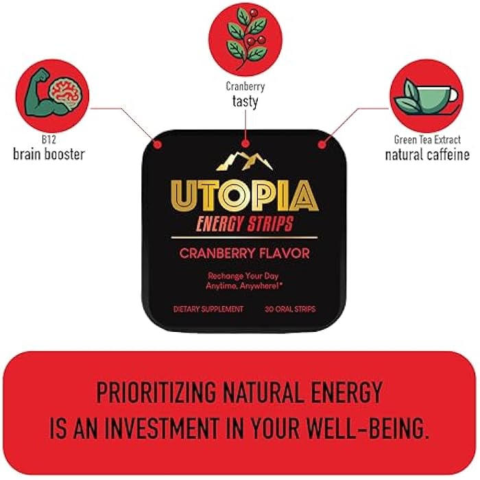 UTOPIA Strips Energy Strips with Vitamin B12 & L Theanine, Natural 50mg Caffeine for Energy Boost, Cranberry Flavor, Oral Strip (30 Count) - Image 3