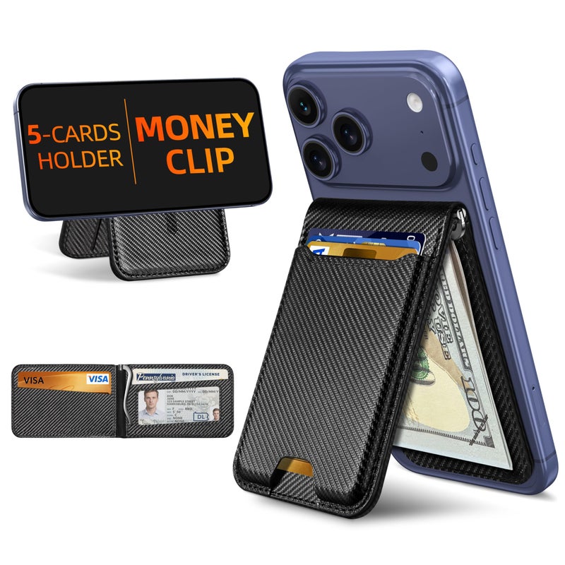 ExtreLife For Magsafe Wallet with Money Clip, Strongest Magnetic Wallet for iPhone 17/16/15/14/13/12 Series, Adjustable Stand, ID Window, 5 Card Holder, Vegan Leather, Not for 13/12 Mini, Black Carbon Fiber - Image 1