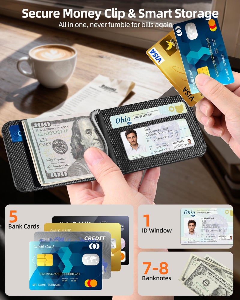 ExtreLife For Magsafe Wallet with Money Clip, Strongest Magnetic Wallet for iPhone 17/16/15/14/13/12 Series, Adjustable Stand, ID Window, 5 Card Holder, Vegan Leather, Not for 13/12 Mini, Black Carbon Fiber - Image 2