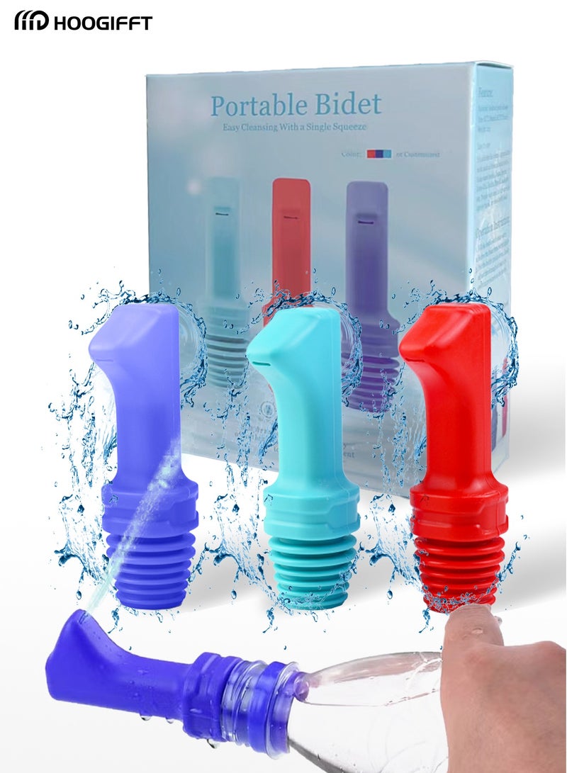 HOOGIFFT Travel shattaf Mini Pocket Shattaf Sprayer 3 Pack , Plastic Portable Bidet, Mobile Travel Shattaf for Toilet, Travel or Camping. Compatible with Every Bottle, Red, sky blue and blue color - Image 1