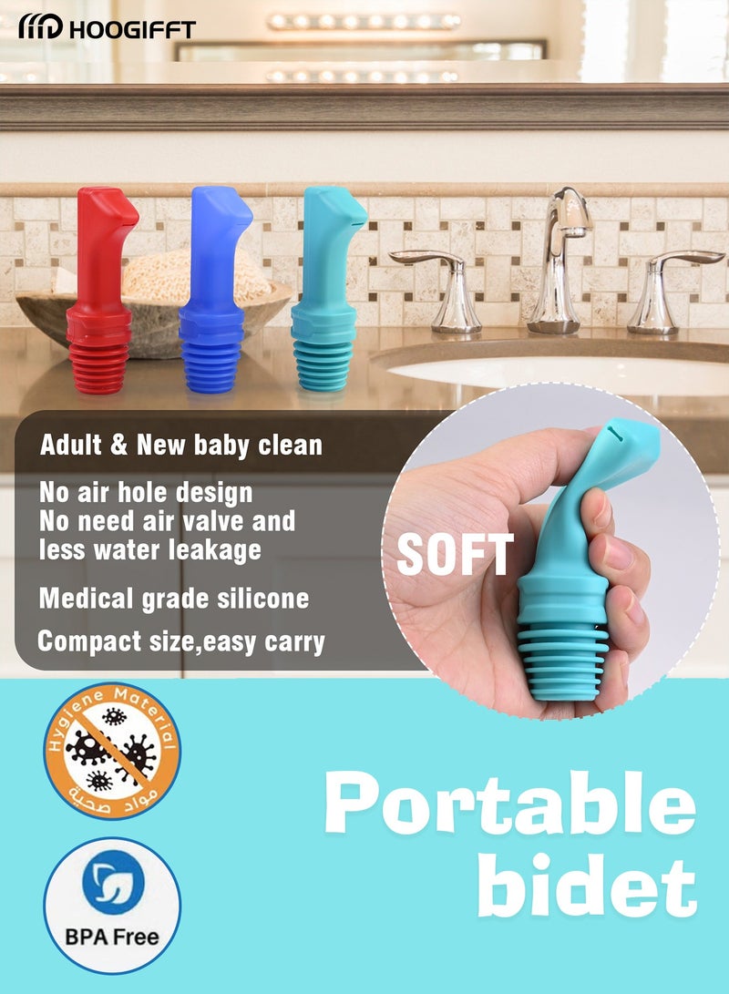 HOOGIFFT Travel shattaf Mini Pocket Shattaf Sprayer 3 Pack , Plastic Portable Bidet, Mobile Travel Shattaf for Toilet, Travel or Camping. Compatible with Every Bottle, Red, sky blue and blue color - Image 3