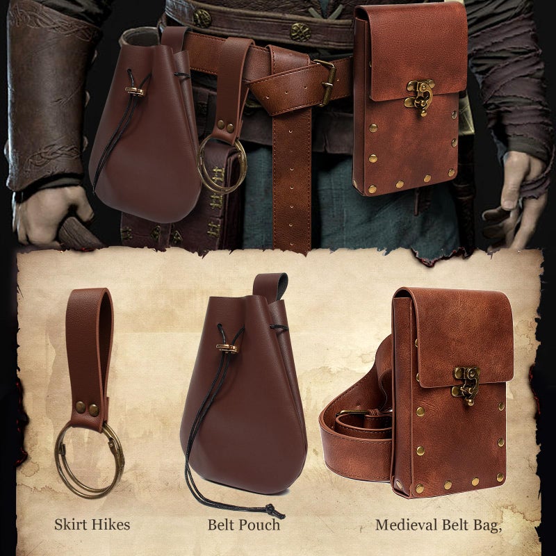 SUMGOGO Retro Belt Pouch Waist Bag Womens Fanny Pack Cellphone Holder Steampunk Medieval Renaissance Purse Costume Accessory (Tri-Brown) - Image 2