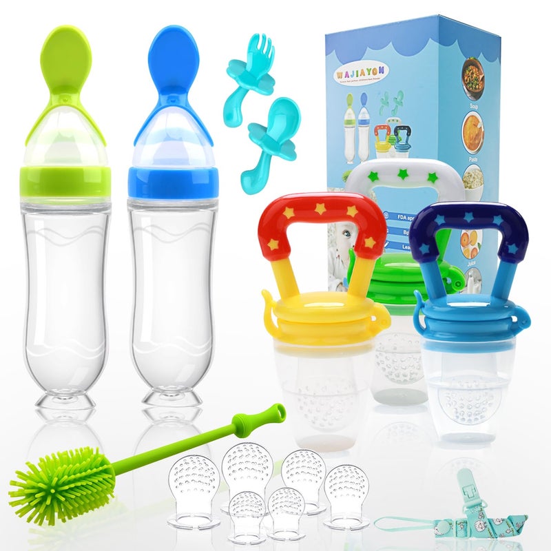 WAJIAYON Food Feeder Baby Fruit Feeder Pacifier (3 Pcs) with 6 Different Sized Silicone Pacifiers 2 PCS Silicone Babies Food Dispensing Spoon 90ML with 2 Baby Spoons Bottle Brush Pacifier Clip - Image 1