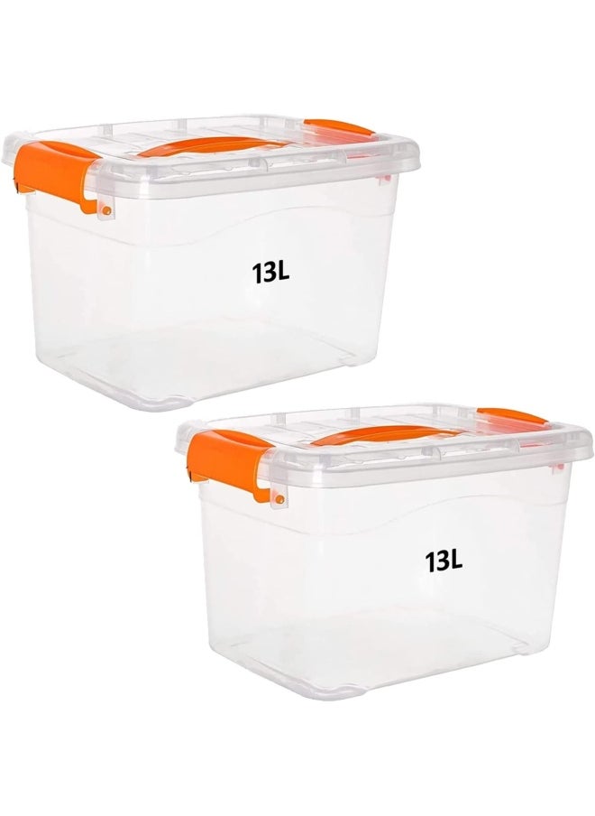 Premify 2 Pieces Plastic Storage Boxes, 13L Clear Stackable Containers With Lockable Lids, Clear Plastic Organizer – Transparent Box Storing Toys, Shoes, Kitchen Items, Snacks, Tools, Medicine  - Image 1